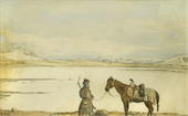 Peinture de l'officier britannique Thomas Edward Gordon représentant son probable guide wakhi et le lac Zorkul en 1874