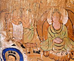 Peinture du monastère Bingling sur laquelle figure le portrait du moine Faxian avec son nom dans le cartouche